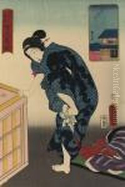A Woman Dressed In Blue Kimono 
Decorated With An Octopus Wiping Her Feet, From The Series Oil Painting by Gototei Kunisada