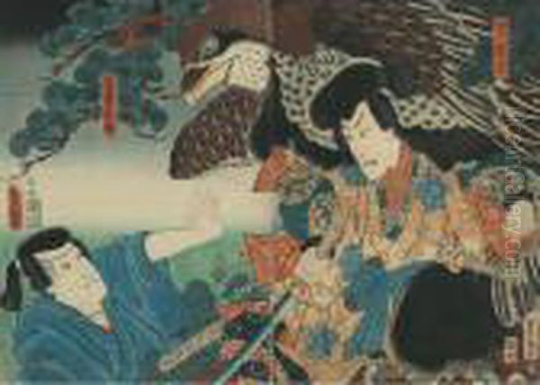 Two Actors In Character Oil Painting by Gototei Kunisada