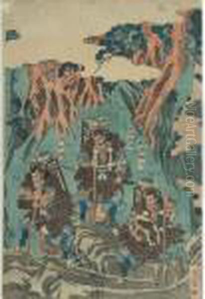 Three Figural Studies Oil Painting by Gototei Kunisada