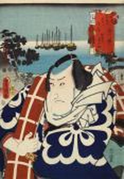 Shinagawa
. Halbportrat Des Schauspielers Matsumoto Koshiro V In Der Rolle Des 
Banzui Chobei. Im Hintergrund Die Segelschiffe In Der Bucht Bei 
Shinagawa Am Abend. B) Linkes Blatt. Titel: Oil Painting by Gototei Kunisada