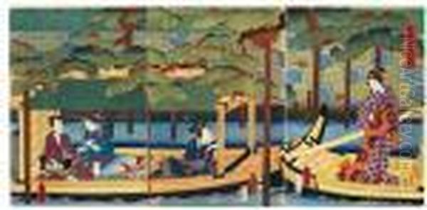 Edo Murasaki Shubi No Matsu
. Der Prinz In Gesellschaft Dreier Frauen Auf Einem Boot Unter Einer 
Kieferbestandener Steinmauer. Eine Frau Schuttet Sake Aus Einer Flasche,
 Eine Frau Wickelt Ihren Oil Painting by Gototei Kunisada