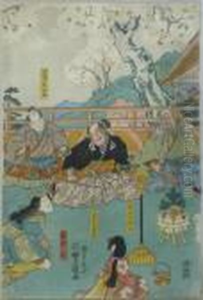 F?rst Kataoka Masataro Harumichi Umgeben Von Seinen Beiden Beratern. Japan, 1844
. Farbholzschnitt. Signiert Oil Painting by Gototei Kunisada