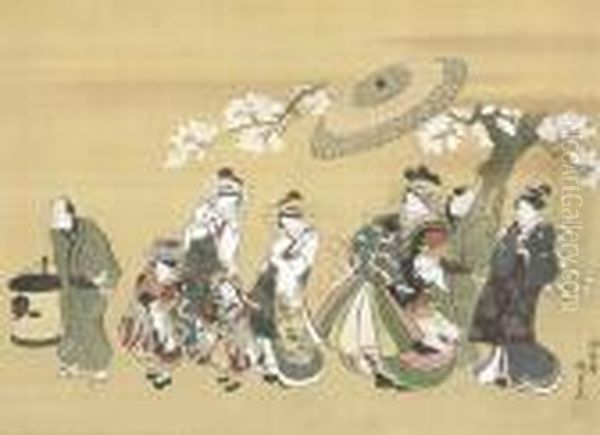 Courtesan On Parade In The Yoshiwara With Her Attendants Beneath Cherry Blossoms Oil Painting by Gototei Kunisada