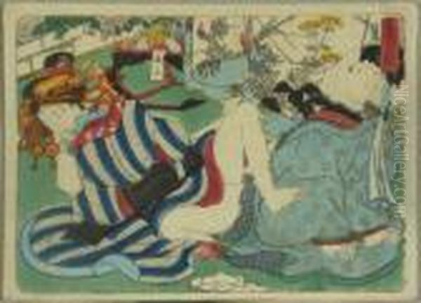 Kunisada, Utagawa Zugeschrieben. Kurtisane Und Klient, Japan, Um 1845 Oil Painting by Gototei Kunisada