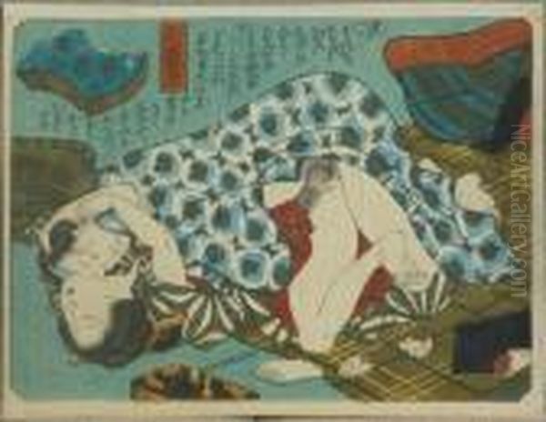 Kunisada, Utagawa Zugeschrieben. Liebespaar Im Teehaus, Japan, Um 1840 Oil Painting by Gototei Kunisada