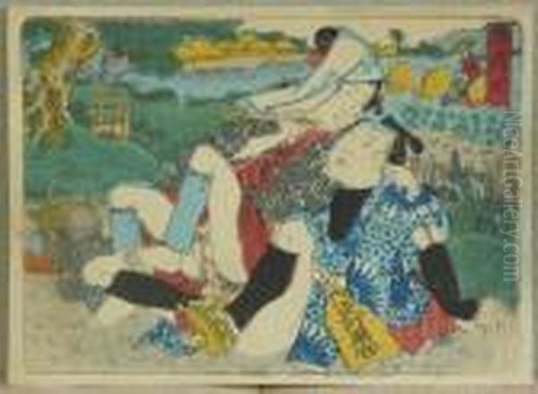 Kunisada, Utagawa Zugeschrieben. Liebespaar, Feuerwehrmann Und Landfrau, Japan, Um 1845 Oil Painting by Gototei Kunisada