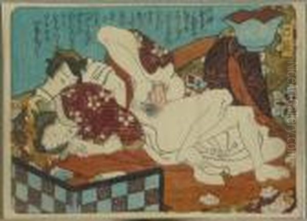 Kunisada, Utagawa Zugeschrieben.
 Prinz Genji Mit Einer Hofdame Im Teehaus, Japan, Um 1840 Oil Painting by Gototei Kunisada