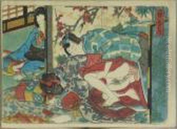 Kunisada, Utagawa Zugeschrieben.
 Prinz Genji Und Geliebte, Belauscht Von Einer Hofdame, Japan, Um 1845 Oil Painting by Gototei Kunisada