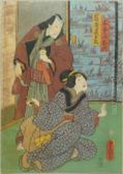 Kunisada, Utagawa. Kikuya Chobei Mit Tabakbeutel Und Pfeife Wartet Auf Oroku, Japan Oil Painting by Gototei Kunisada