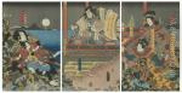 Triptych Depicting Kabuki Players Oil Painting by Gototei Kunisada
