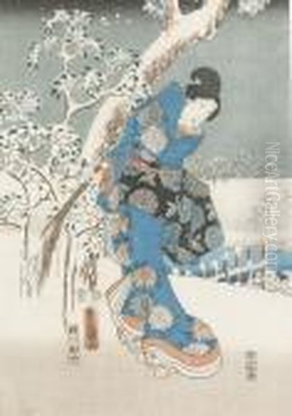 Japanerin Im Kimono. Oil Painting by Gototei Kunisada