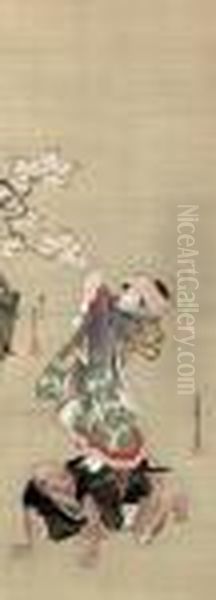 Beauty Hanging A Poem Slip From A Cherry Branch Oil Painting by Gototei Kunisada