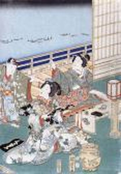 Bijin-e (wizerunek Z Pieknymi Kobietami), Ok. 1857 Oil Painting by Gototei Kunisada