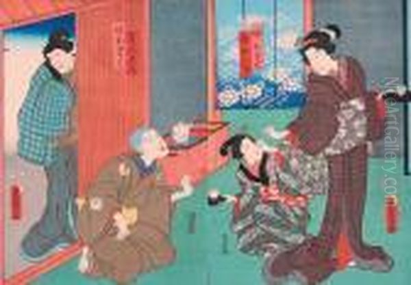 Scena Z Teatru Kabuki Oil Painting by Gototei Kunisada