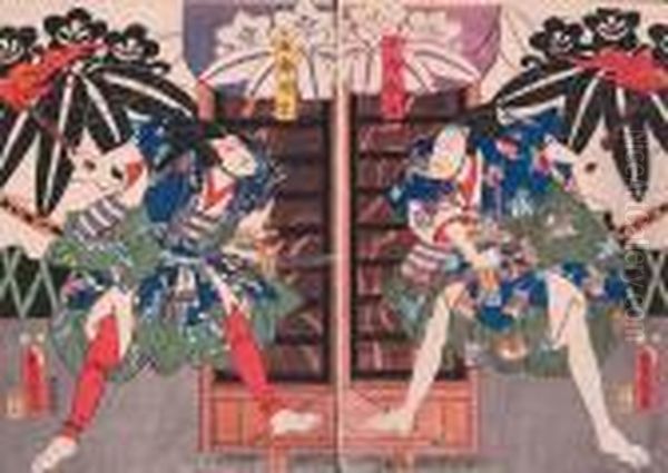 Walczacy Samuraje - Scena Z Teatru Kabuki Oil Painting by Gototei Kunisada