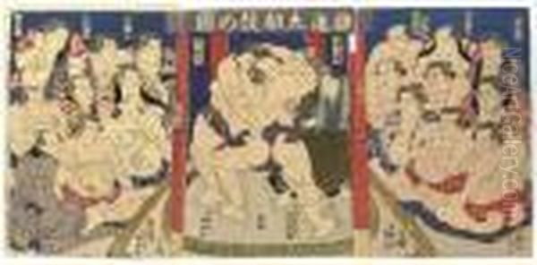 Temple Solicitation Sumo Oil Painting by Gototei Kunisada