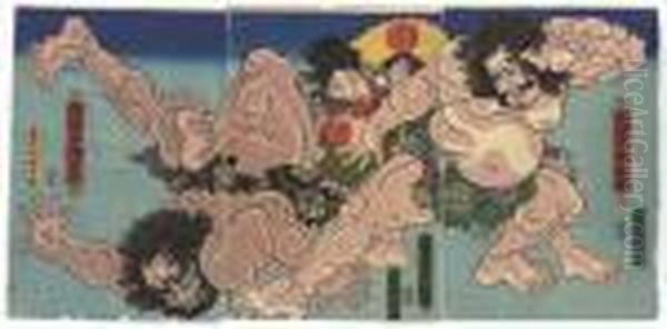 Match Between Kawazu Saburo Sukeyasu And Matano Goro Kagehisa Oil Painting by Gototei Kunisada