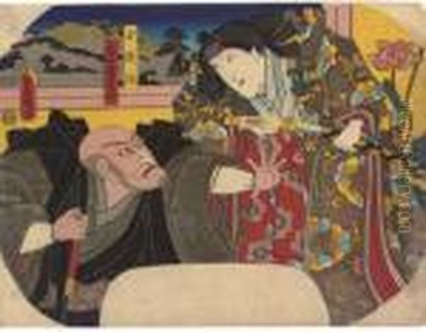 (uchiwa-e): Actors As Princess Tamaori And Priest Kumagai Renjo Oil Painting by Gototei Kunisada