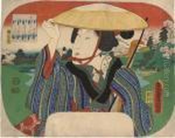 Portrait Of A Geisha Holding A Shamisen Oil Painting by Gototei Kunisada