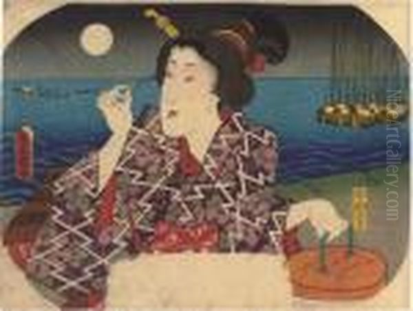 Portrait Of A Beauty Holding A Lantern Oil Painting by Gototei Kunisada