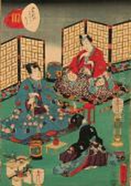 Murasaki Shikibu Genji- Karuta, 1857 R. Oil Painting by Gototei Kunisada