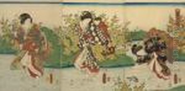 An Oban Triptych With Three 
Ladies Wading Through A Stream, One With A Child On Her Back, Another 
Bending To Pick Up Oil Painting by Gototei Kunisada