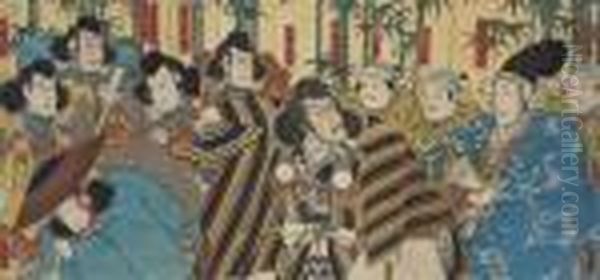 Three Oban Triptychs Oil Painting by Gototei Kunisada