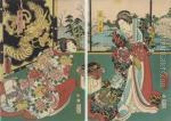 An Oban Diptych Oil Painting by Gototei Kunisada