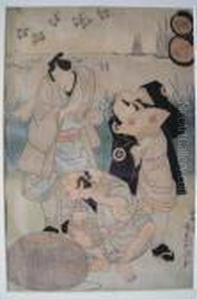 Figures At Seashore With Crabs And Stingray Oil Painting by Gototei Kunisada