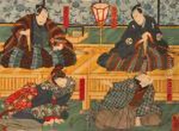 Trzech Mezczyzn I Kobieta Oil Painting by Gototei Kunisada