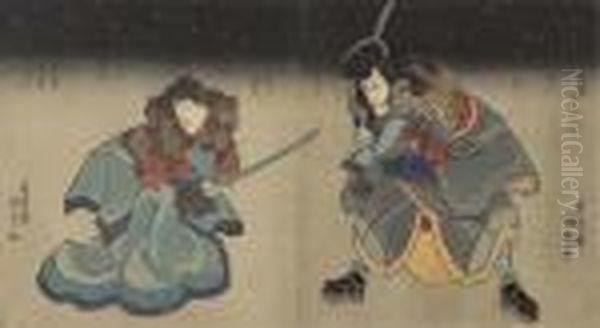 Surimono Diptych With Metallic Embellishments, Two Actors In A Night Scene Oil Painting by Gototei Kunisada