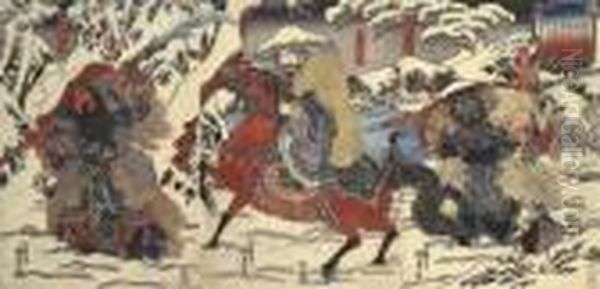 Triptych, Gentoku, Kan'u And Chohi, Warriors In The Chinese Wars Oil Painting by Gototei Kunisada