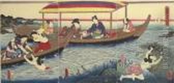 Hikaru Uji Iso Asobi, Sono Ni (genji Amusing Himself Near Shore, Number 2) Oil Painting by Gototei Kunisada