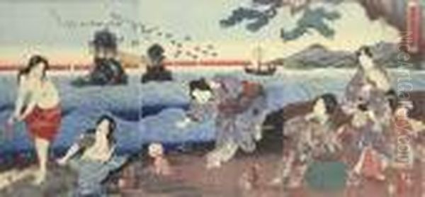 Hikaru Uji Isobe No Zu (genji Amusing Himself At The Shore) Oil Painting by Gototei Kunisada