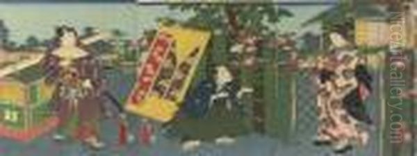 Azuma Genji Asagao Yuran (eastern Genji Admiring Morning Glories) Oil Painting by Gototei Kunisada