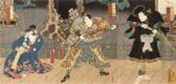 Triptych Depicting From Right To Left The Actors Bando Hikosaburo Oil Painting by Gototei Kunisada