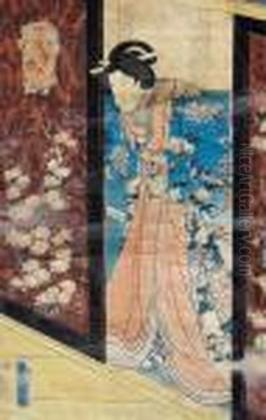 Kobieta Wychodzaca Z Wnetrza Domu Oil Painting by Gototei Kunisada