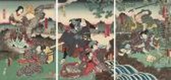 Three Triptychs Oil Painting by Gototei Kunisada