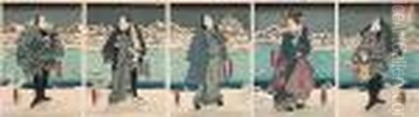 Two Pentaptychs Of Actors Oil Painting by Gototei Kunisada