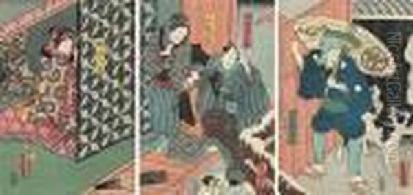 A Triptych Of Actors Oil Painting by Gototei Kunisada