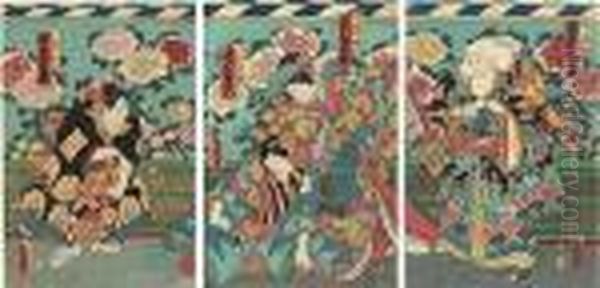 Three Triptychs Of Actors Oil Painting by Gototei Kunisada