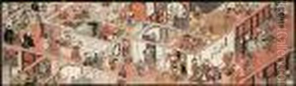 Seiro Nikai No Zu, Goban Tsuzuki (view Of The Upper Story Of Abrothel, Pentaptych) Oil Painting by Gototei Kunisada