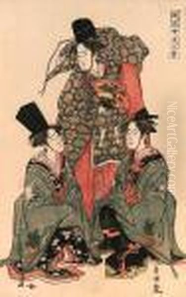 Toyokuni : Oban Tate-e ; Three 
Bijindressed Up As Sanbaso Dancers, The Print Entitled Furyu Onna 
Shikisanba [elegant Women's Sanbaso], They Represent The Men, Chichi 
Nojo, Okina And Sanbaso In The Shiki Sanba Ceremonial Dance, 
Signedtoyokuni Ga Wi Oil Painting by Gototei Kunisada