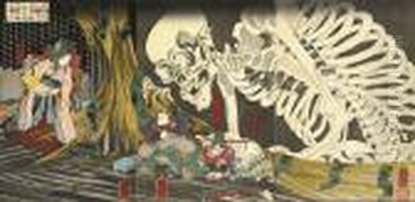 The Famous Triptych Showing 
Takiyasha Calling Up A Monstrous Skeleton Spectre To Frighten Mitsukuni,
 Published By Hachi(?), In Circa 1844, Signed Oil Painting by Utagawa Kuniyoshi