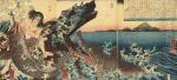 A Triptych Showing Asahina 
Saburo Yoshihide Struggling With Two Crocodiles On The Seashore, Good 
Impression, Colours Faded, Left Sheet Trimmed; And Seven Other Triptychs
 In Fair/good Condition (8) Oil Painting by Utagawa Kuniyoshi