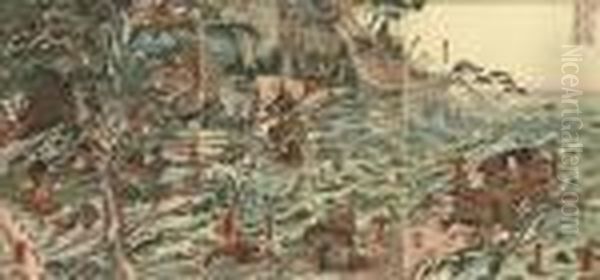 A Triptych Showing The Rival 
Generals Swimming The Uji River To Attack The Yoshinakas, Good 
Impression, Colour And Condition; And Eight Other Triptychs, One Of Them
 Showing The Battle Of Ishibashiyama, In Fair/good Condition (9) Oil Painting by Utagawa Kuniyoshi