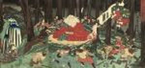 A Triptych Showing Minamoto No 
Ushiwakamaru Attended By Kisanda, Practising Fencing With The Oil Painting by Utagawa Kuniyoshi