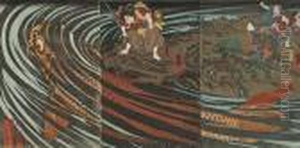 Oniwakamaru (benkei) Stands By 
Waiting For The Moment To Attack The Giant Red Carp That Had Eaten His 
Mother, Signed Oil Painting by Utagawa Kuniyoshi