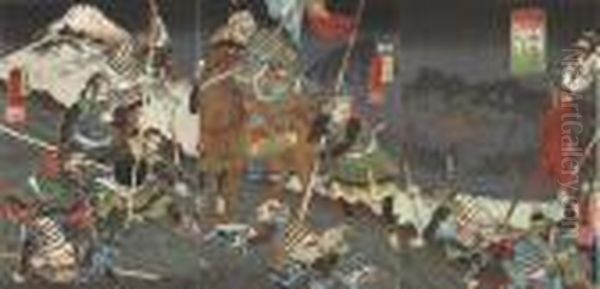 The Takeda Commander Yamamoto 
Kansuke Rallies His Few Surviving Troops On A Hill For Their Last Stand 
Against Uesugi Kenshin's Army At The Battle Of Kawanakajima In 1561, 
Signed Oil Painting by Utagawa Kuniyoshi