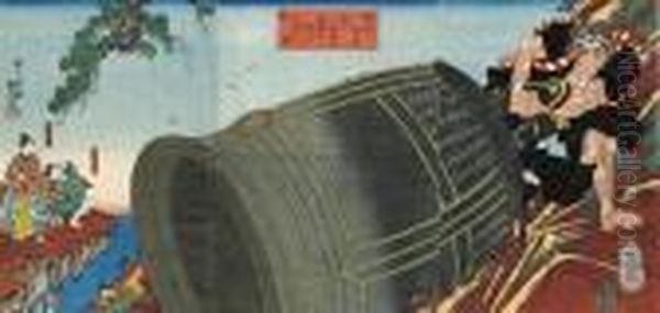 Yoshitsune Looks On In Amazement
 As Benkei For A Practical Joke Drags Off The Great Bell Of The Miidera 
Temple On Mt. Hiei, Signed Oil Painting by Utagawa Kuniyoshi